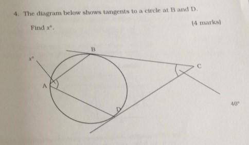 The diagram below shows tangents to a circle at B and D. Find xº.