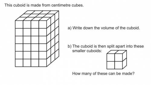 This cuboid is made from cm squares

a)write down the volume of the cuboid
b)the cuboid is then sp