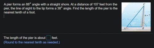 A pier forms an 88° angle with a straight shore. At a distance of 107 feet from the pier, the line