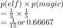 p(elf) \times p(magic) \\  =  \frac{1}{3}  \times  \frac{1}{5}  \\  =  \frac{1}{15} or \: 0.66667