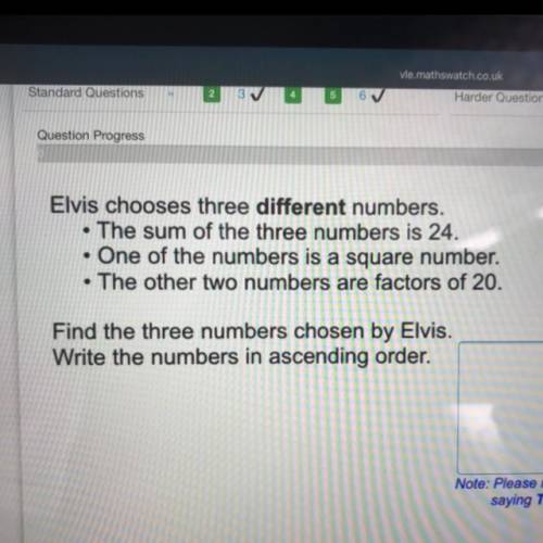Elvis chooses three different numbers.

• The sum of the three numbers is 24.
• One of the numbers