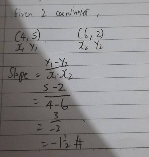 Find the slope of the
(4,5), (6,2)