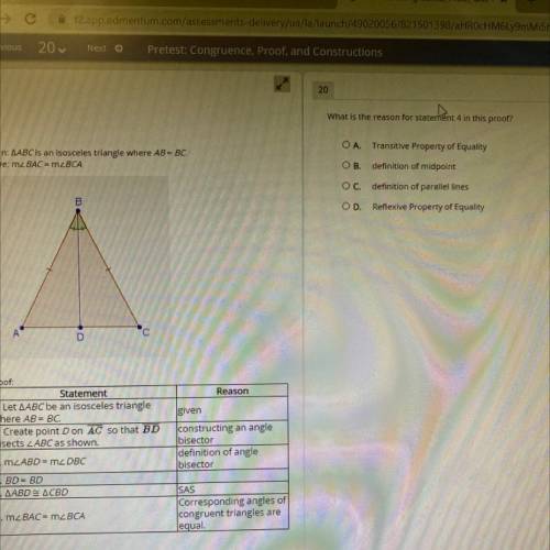 What is the reason for statement 4 in this proof?

OA. Transitive Property of Equality
Given: AABC