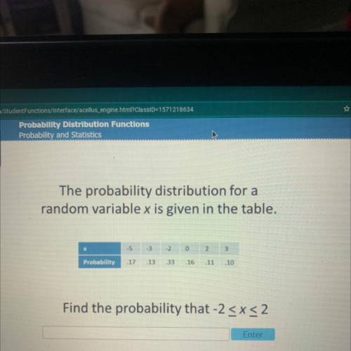 The probability distribution for a

random variable x is given in the table.
-5
-3
12
0
2
3
Probab