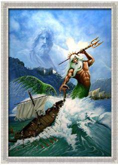 What two things can you infer about Poseidon in this painting?