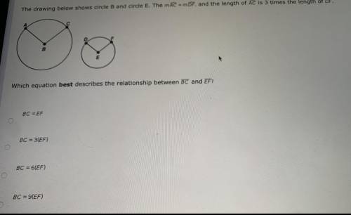 The drawing below shows circle B and circle E.Which equation best describes the relationship betwee