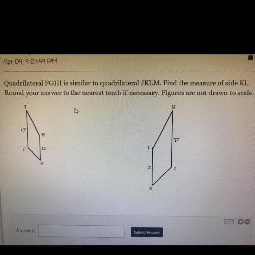 Quadrilateral FGHI is similar to quadrilateral JKLM. Find the measure of side KL. Round your answer
