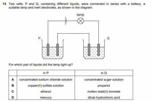 Two cells, P and Q, containing different liquids, were connected in series with a battery, a suitab