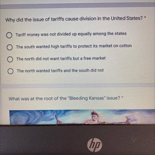 I need help fast! 
Why did the issue of tariffs cause division in the U.S