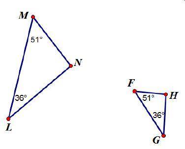 Which best describes the relationship between the two triangles below?.

Triangle M L N is similar