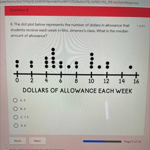 1 point

8. The dot plot below represents the number of dollars in allowance that
students receive