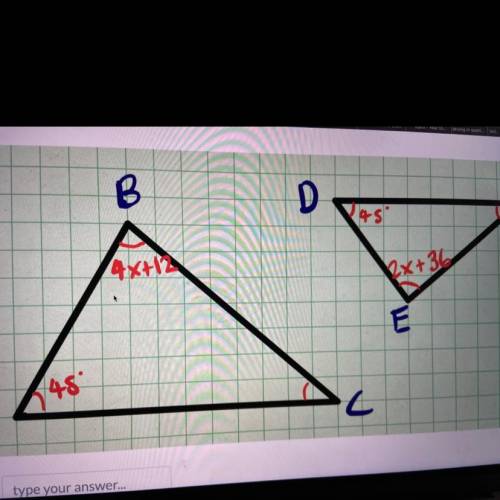 Plsss help 
What does x have to equal to prove triangle similarity by AA