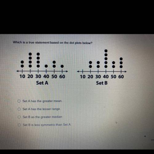Which is a true statement based on the dot plots below?

.
++
10 20 30 40 50 60
Set A
10 20 30 40