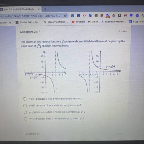 Use Picture need help asap

The graphs of two rational functions f and g are shown. Which function