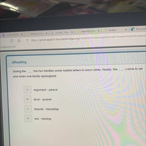 During the {BLANK}, the two families wrote hateful letters to each other. Finally the {BLANK} came