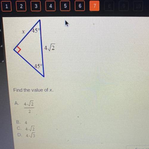 Analyze the diagram below and complete the instructions that follow.

X
45°
4/2
45°
Find the value
