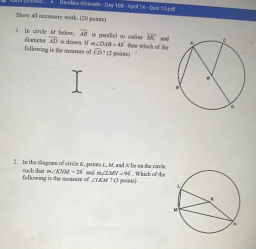 i'm circle M below, AB is parallel to radius MC and diameter AD is drawn. If m DAB=48 then which of