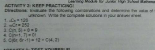 Directions: Evaluate the following combinations and determine the value of the

unknown. Write the