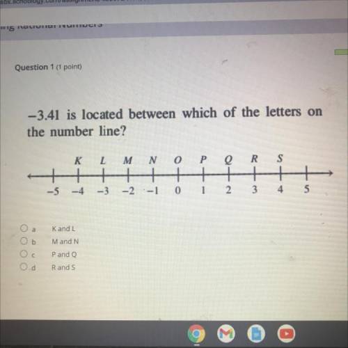 -3.41 is located between which of the letters on

the number line?
K
L
M
N
e
R
S
+
0 P
+
0 1
-5
-4