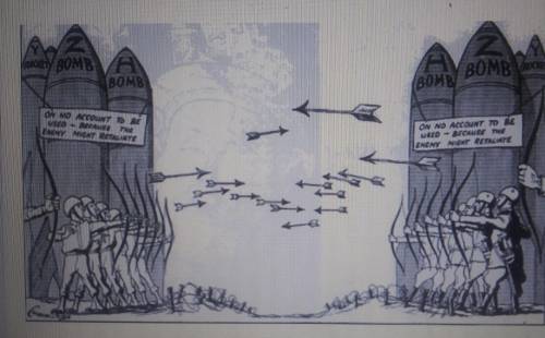 how does this political cartoon represent the arms race and policy of M.A.D that was used during th