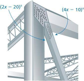 Three support beams for a bridge form a pair of complementary angles. Find the measure of each angl