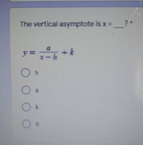 The vertical asymptote is x = ?y=a/x-h +k​