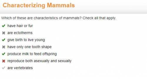 Which of there are characteristics of mammals? Check all that apply.
answer is attached!