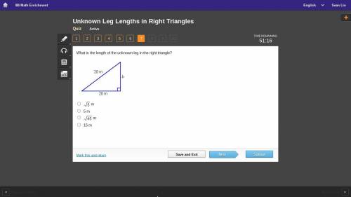 What is the length of the unknown leg in the right triangle?