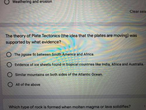 The theory of Plate Tectonics (the idea that the platesare moving) was

supported by what evidence