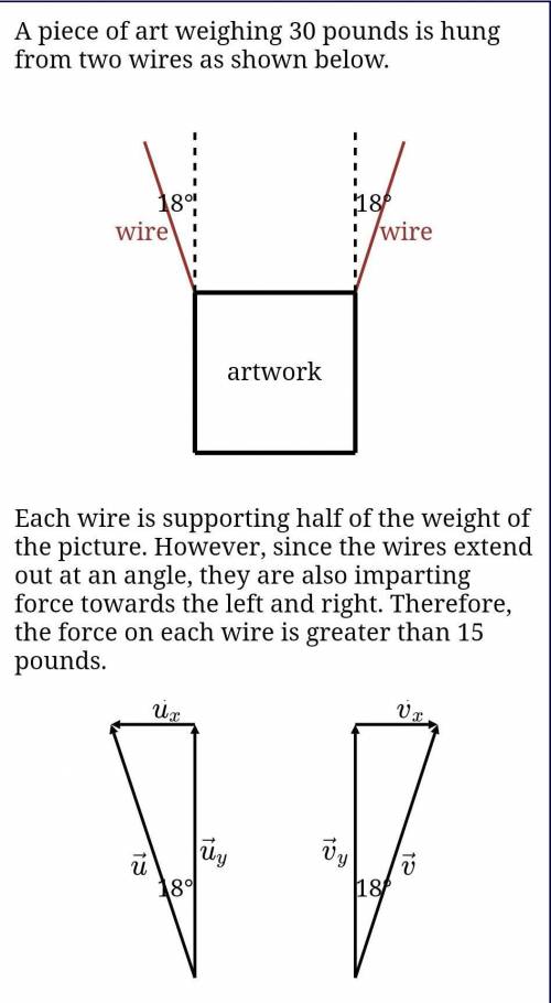 A piece of art weighing 30 pounds is hung from two wires as shown below. artwork wire 18° wire 18°