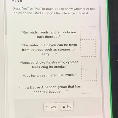 Part B

Drag Yes or No to each box to show whether or not
the evidence listed supports the inf