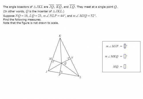The angle bisectors of △JKL are JQ, KQ, and LQ. They meet at a single point Q. (In other words, Q i