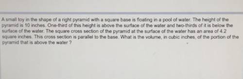 What is the volume in cubic inches of the portion of the pyramid that is above water?​