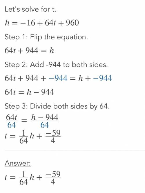 H = -16++64t + 960

A ball is thrown into the air with an upward velocity of 64 ft/s. Its height, h