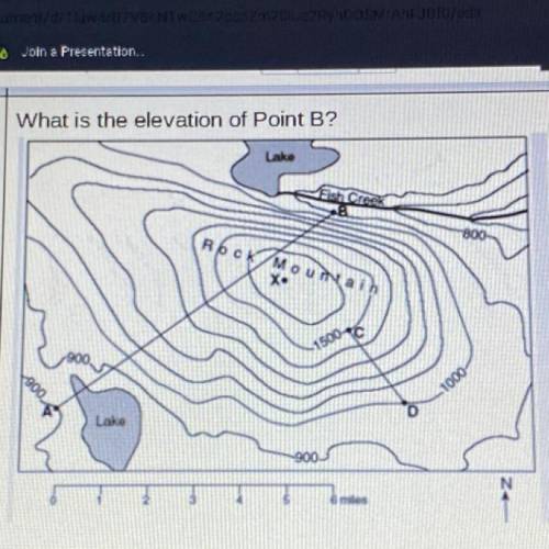 What is the elevation of Point B?
A. 800 ft
B. 900 ft
C. 850 ft
D. 1000 ft