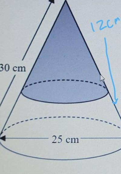 The cone has a base diameter of 25 cm and a slant height of 30 cm.

A circle is drawn around the s