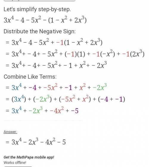 Simplify (3x^4 - 4 - 5x^2) - (1 - x^2 + 2x^3)