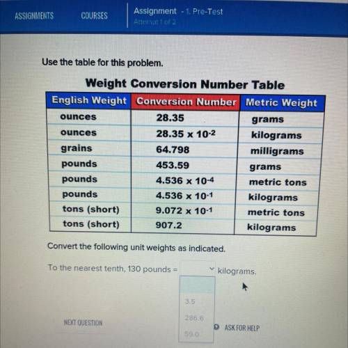 Use the table for this problem.

Weight Conversion Number Table
English Weight Conversion Number M