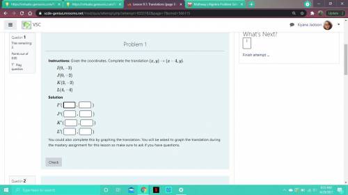 Given the coordinates, Complete the translation (x,y)→(x−4,y). I(0,−3) J(0,−2) K(2,−2) L(4,−4)