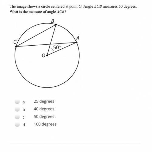The image shows a circle centered at point O. Angle AOB measures 50 degrees. What is the measure of