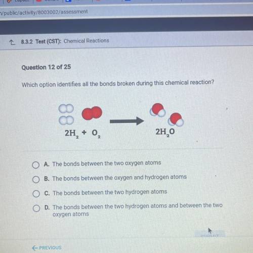 Which option identifies all the bonds broken during this chemical reaction?

2H, + 0,
2H0
A. The b