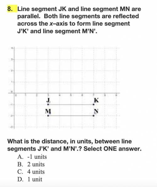 What is the distance, in units, between line segments J’K’ and M’N’.? Select ONE answer. Problem in