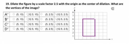 Dilate the figure by a scale factor 2.5 with the origin as the center of dilation. What are the ver