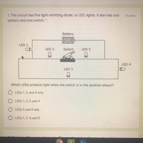 This circuit has five light-emitting diode, or LED lights. It also has one battery and one switch(s