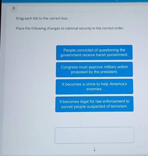 NEED HELP NOW

Drag each tile to the correct box, Place the following changes to national security
