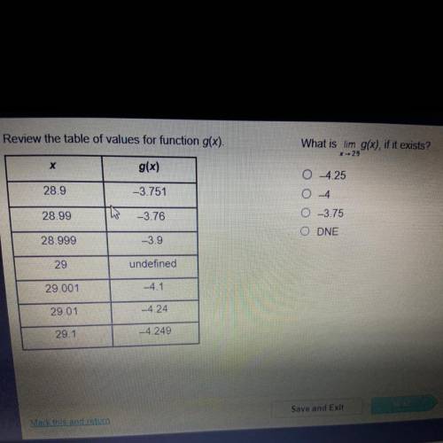 WILL GIVE BRAINliest! PLEASE HELP! review the table of values for function g(x) what is lim g(x) (x