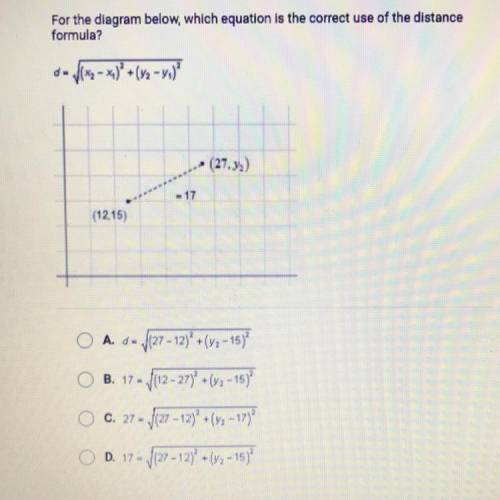 For the diagram below, which equation is the correct use of the distance
formula?
