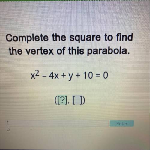 Will give brainliest

Complete the square to find
the vertex of this parabola.
x2 - 4x + y + 10 =