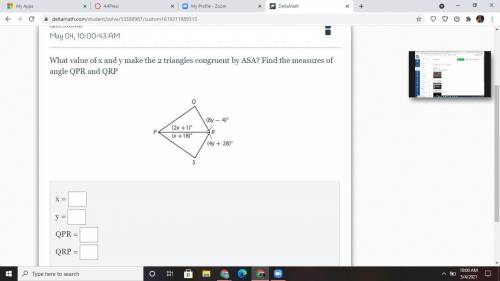 What value of x and y makes the 2 triangles congruent by ASA? Find the measures of angle QPR and QR