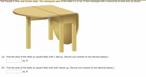 Yuki bought a drop–leaf kitchen table. The rectangular part of the table is a 2–by–3–foot rectangle